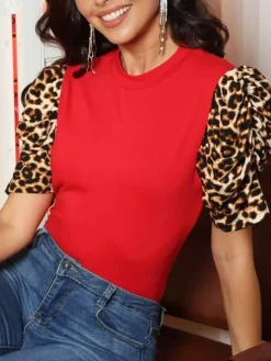 Leopard Print Patchwork Puff Sleeve Blouse