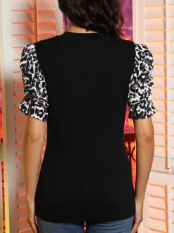 Leopard Print Patchwork Puff Sleeve Blouse