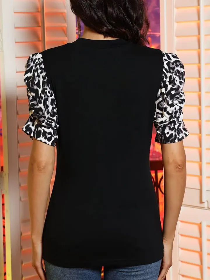 Leopard Print Patchwork Puff Sleeve Blouse