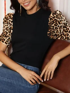 Leopard Print Patchwork Puff Sleeve Blouse
