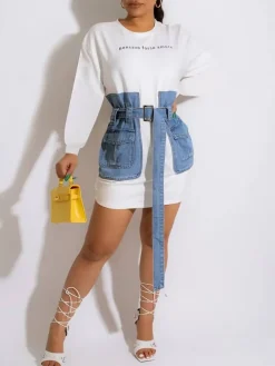 Letter Embroidery Lace-up Denim Dress