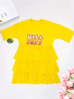 Letter Print Patchwork Tiered Layer Mesh T-shirt Dress