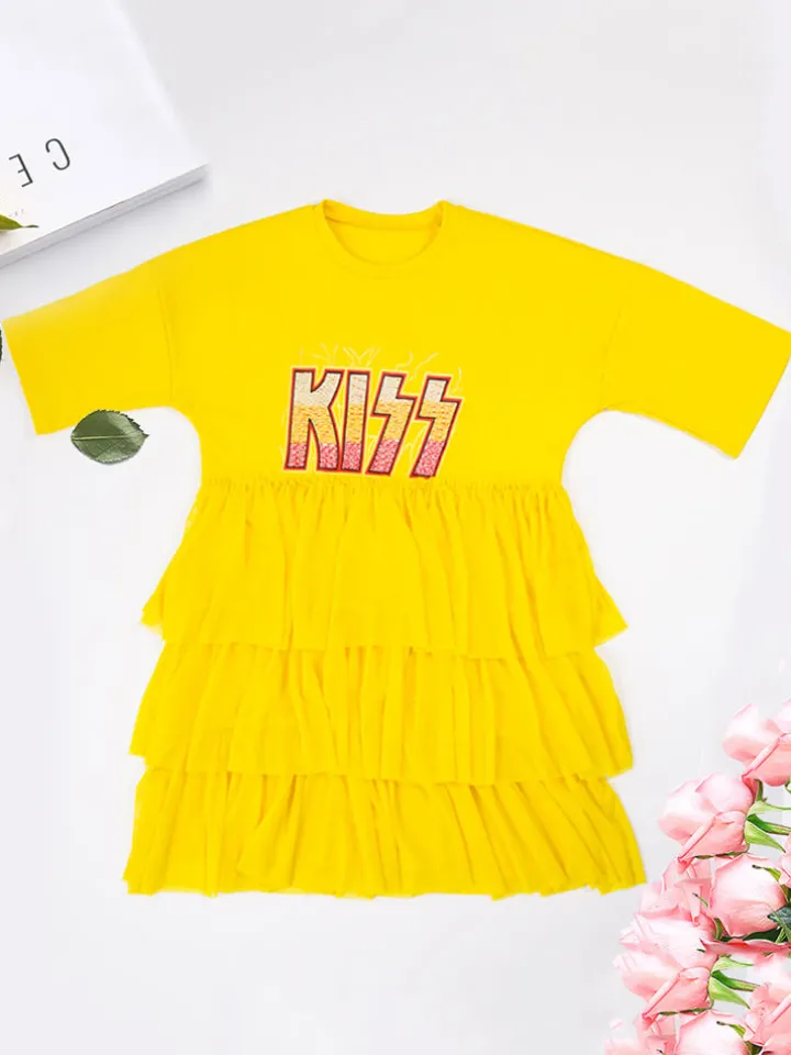 Letter Print Patchwork Tiered Layer Mesh T-shirt Dress