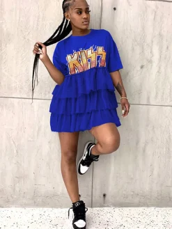 Letter Print Patchwork Tiered Layer Mesh T-shirt Dress