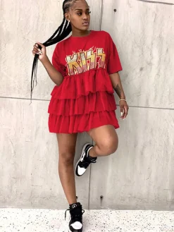 Letter Print Patchwork Tiered Layer Mesh T-shirt Dress