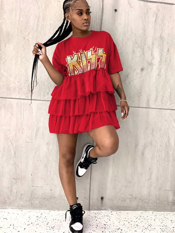 Letter Print Patchwork Tiered Layer Mesh T-shirt Dress