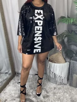 Letter Print Sequins Mesh Mini Dress
