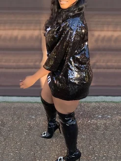 Letter Print Sequins Mesh Mini Dress