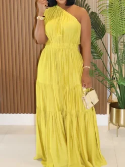 Linen Boho One Shoulder Maxi Dress