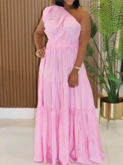 Linen Boho One Shoulder Maxi Dress