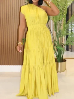 Linen Boho One Shoulder Maxi Dress