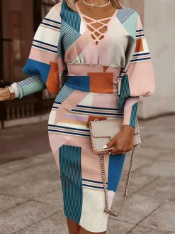 Long Lantern Sleeve Printed Midi Dress