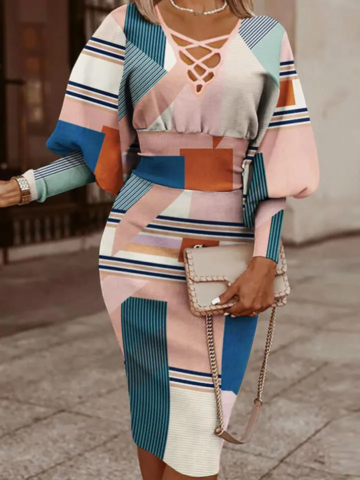 Long Lantern Sleeve Printed Midi Dress