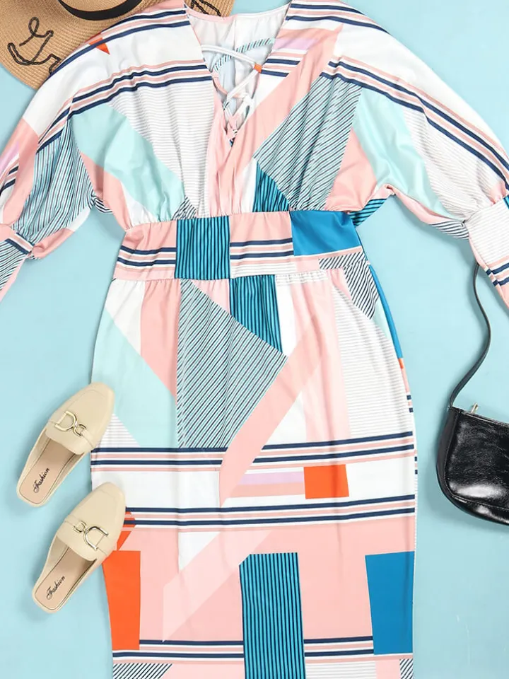 Long Lantern Sleeve Printed Midi Dress