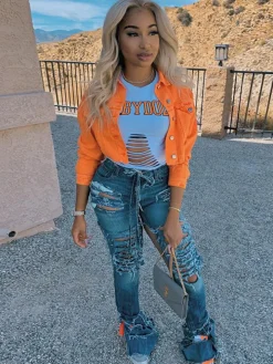 Long Sleeve Button Down Ripped Denim Jacket