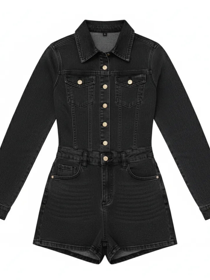 Long Sleeve Button Washed Denim Romper