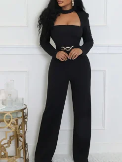 Long Sleeve Choker Waist Chain Jumpsuit