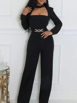 Long Sleeve Choker Waist Chain Jumpsuit