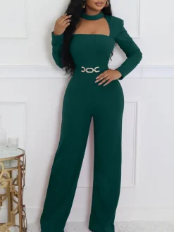 Long Sleeve Choker Waist Chain Jumpsuit