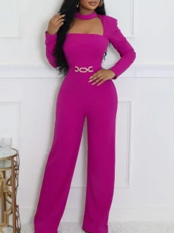 Long Sleeve Choker Waist Chain Jumpsuit