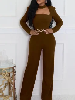 Long Sleeve Choker Waist Chain Jumpsuit