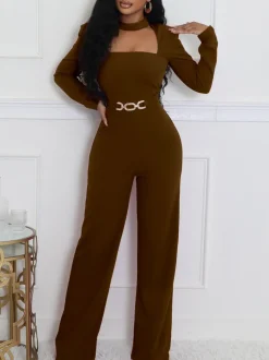 Long Sleeve Choker Waist Chain Jumpsuit