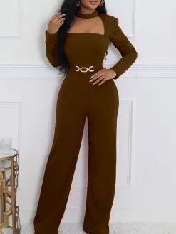 Long Sleeve Choker Waist Chain Jumpsuit