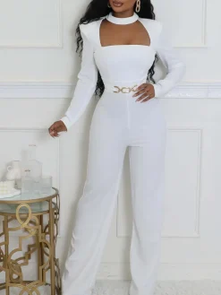Long Sleeve Choker Waist Chain Jumpsuit