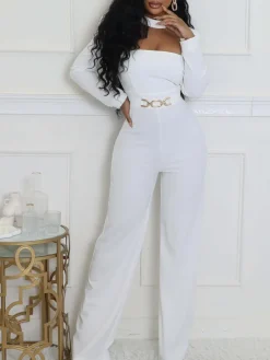 Long Sleeve Choker Waist Chain Jumpsuit