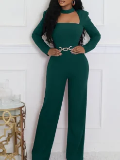 Long Sleeve Choker Waist Chain Jumpsuit