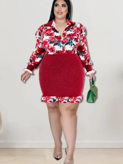 Long Sleeve Floral Print Patchwork Mini Dress