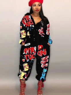 Long Sleeve Graffitti Button Bodycon Jumpsuit