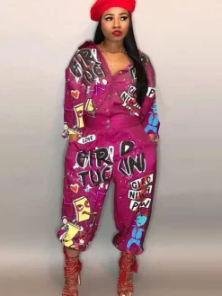 Long Sleeve Graffitti Button Bodycon Jumpsuit