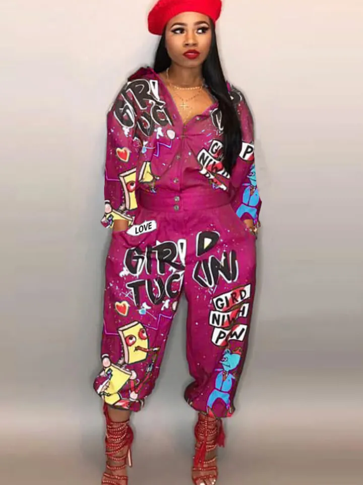 Long Sleeve Graffitti Button Bodycon Jumpsuit