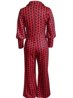 Long Sleeve Houndstooth Wide Leg Jumpsuit