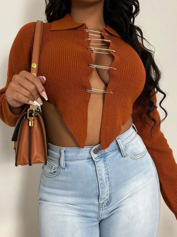 Long Sleeve Knit Pin Chain Crop Top