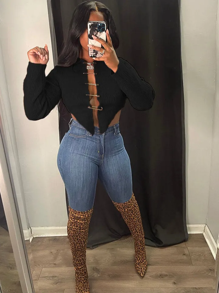 Long Sleeve Knit Pin Chain Crop Top