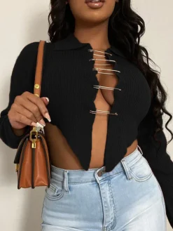 Long Sleeve Knit Pin Chain Crop Top