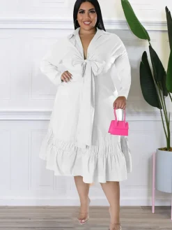 Long Sleeve Lace Up Solid Midi Dress