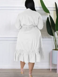 Long Sleeve Lace Up Solid Midi Dress