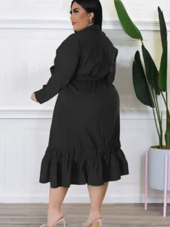 Long Sleeve Lace Up Solid Midi Dress