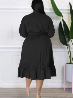 Long Sleeve Lace Up Solid Midi Dress