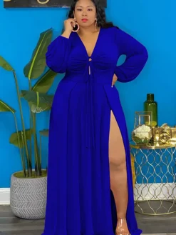 Long Sleeve Lace Up Split Maxi Dress