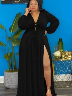 Long Sleeve Lace Up Split Maxi Dress