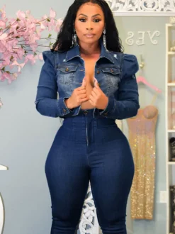 Long Sleeve Lapel Collar Button Down Denim Jacket