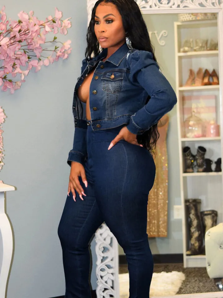 Long Sleeve Lapel Collar Button Down Denim Jacket