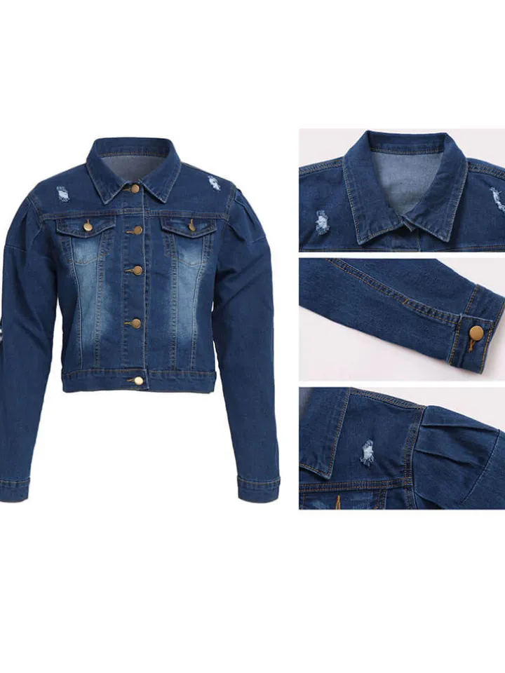 Long Sleeve Lapel Collar Button Down Denim Jacket