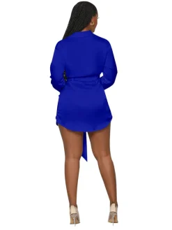 Long Sleeve Lapel V Neck Button Ruched Mini Shirt Dress