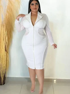 Long Sleeve Mesh Patchwork Midi Dress