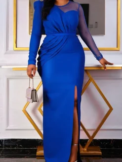 Long Sleeve Mesh Patchwork Split Maxi Dress